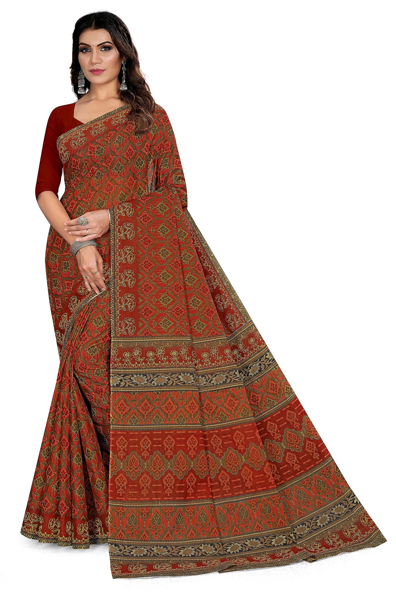 TAMAIRA FASHION Women's Plain Weave Pure Cotton Saree Without Blouse Piece(11188_Rust)