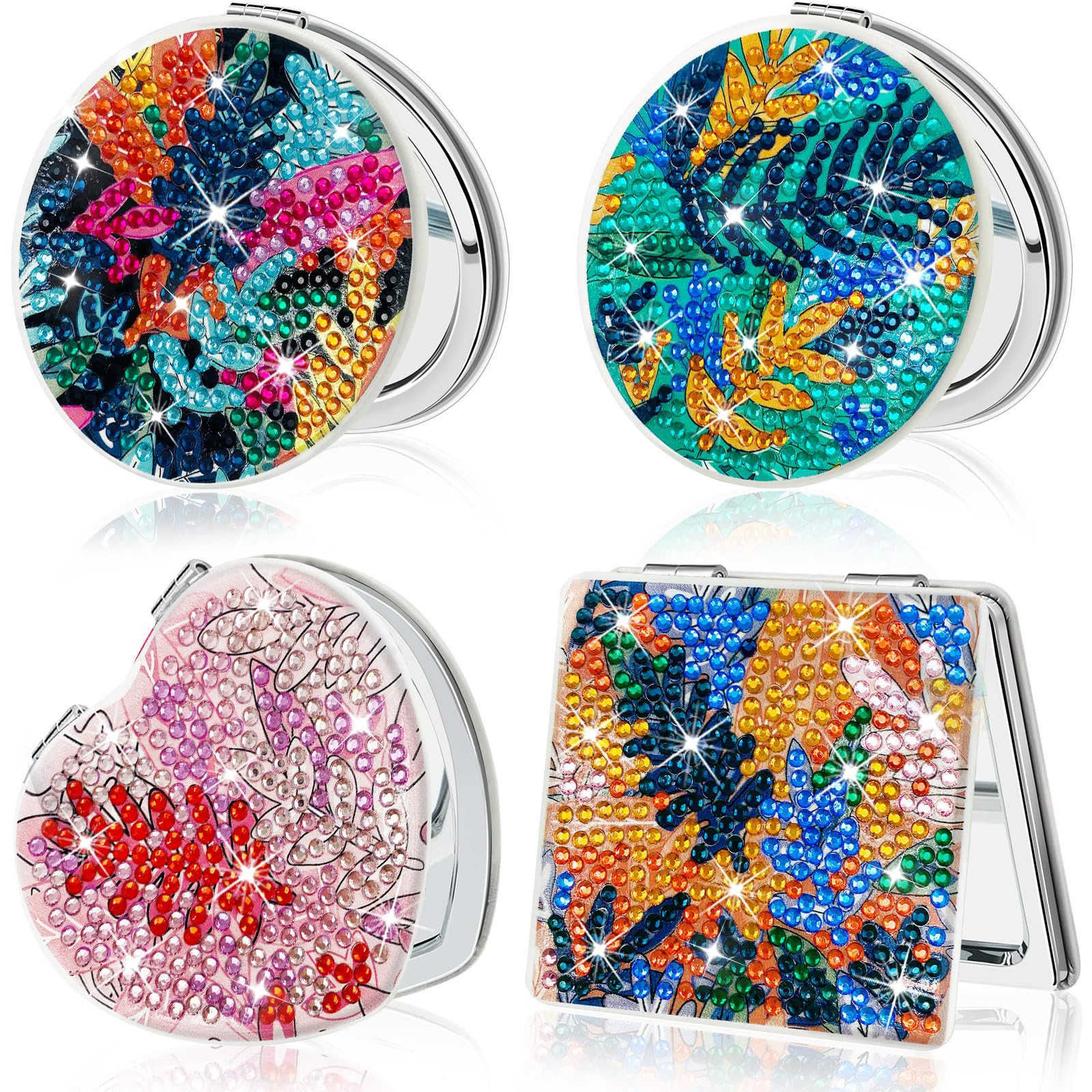 FILASLFT Diamond Painting Compact Mirror,Pocket Mirror Cover Portable Magnifying Folding Purse Mirror,4 Pcs DIY Diamond Painting