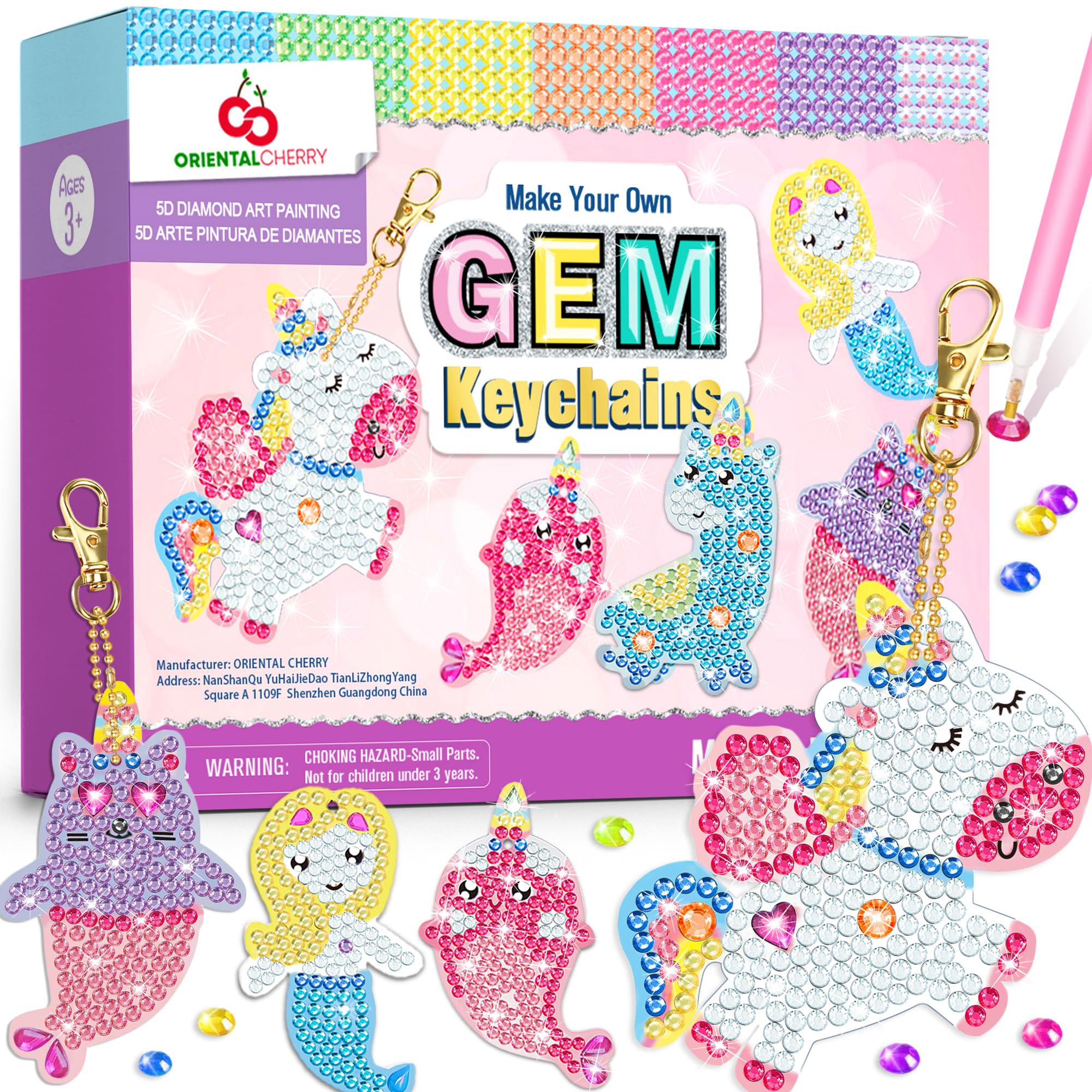 ORIENTAL CHERRY Arts and Crafts for Kids Ages 8-12 - Make Your Own GEM Keychains - 5D Diamond Art Painting by Numbers Kits Girls