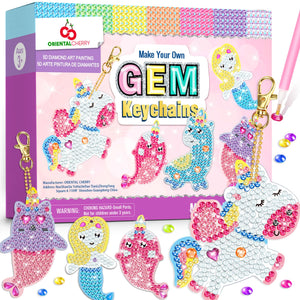 ORIENTAL CHERRY Arts and Crafts for Kids Ages 8-12 - Make Your Own GEM Keychains - 5D Diamond Art Painting by Numbers Kits Girls