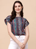 Wedani Women'S Casual Short Sleeves Round Neck Foral Top (Medium Blue),Blue,M,Polyester,Western,