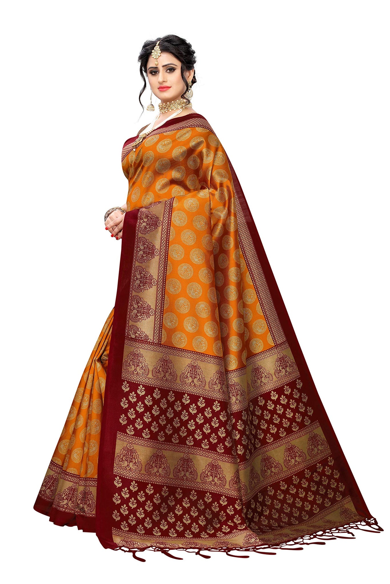Anni Designer Women'S Yellow Color Art Silk Printed Saree Border Tassels With Blouse Piece(Solah-Yellow_Free Size),Yellow,Free,Silk,half & half,Saree