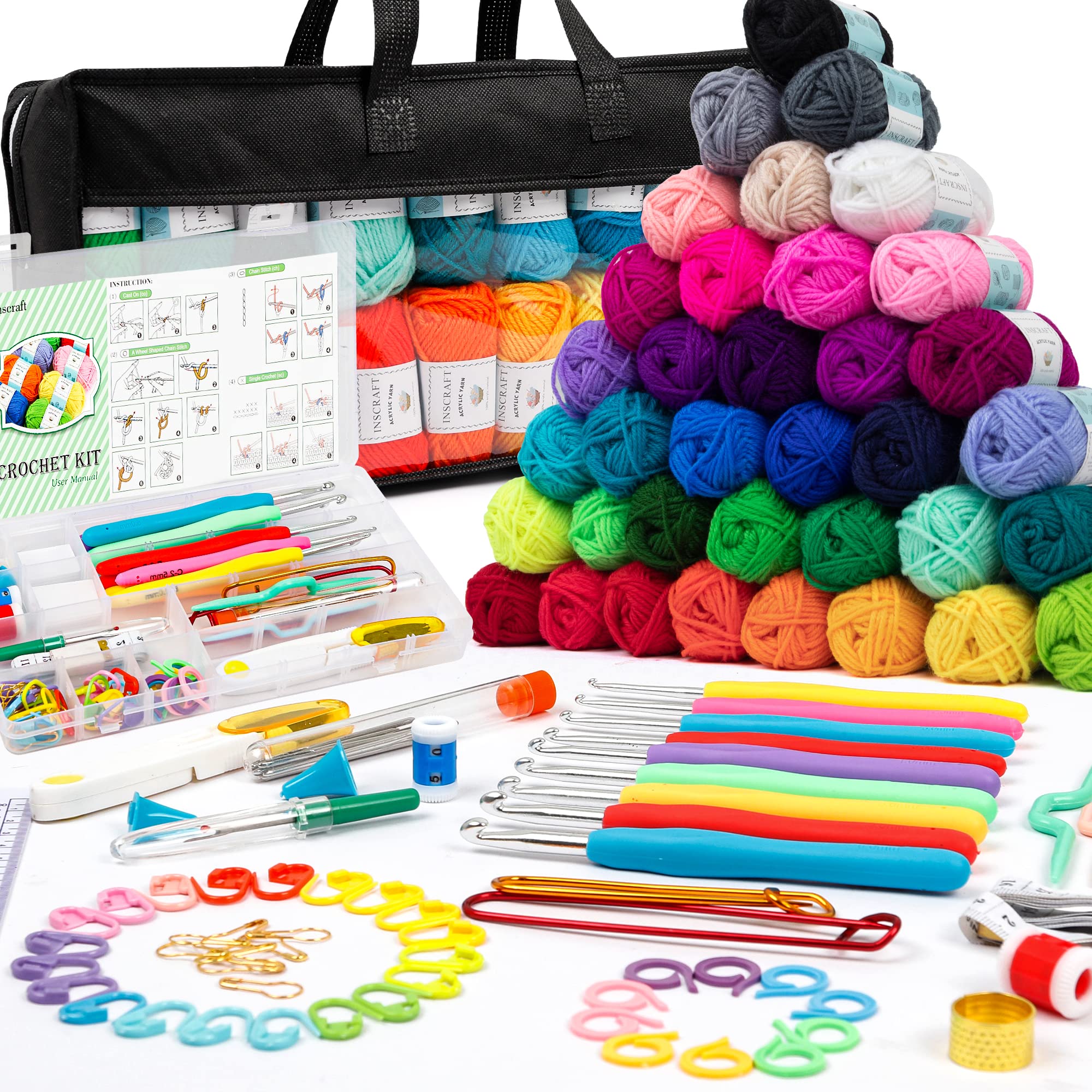 113 Piece Crochet With Yarn Set-1600 Yards Assorted Yarn 73Pcs Crochet Accessories Set Including Ergonomic Hooks, Knitting Needl