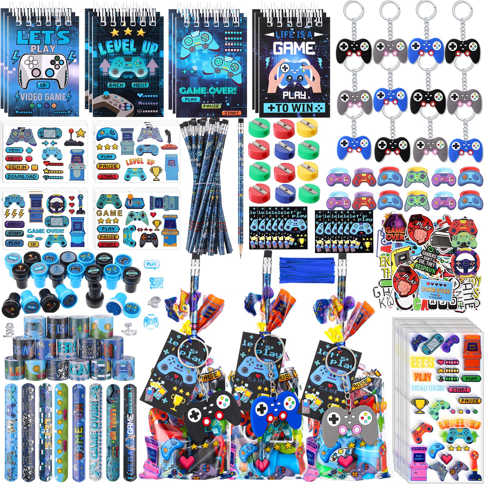 Sayglossy 171 Pcs Cool Video Game Party Favors Set Includes Gift Bags Pencils Notebook Sharpener Slap Bracelets Rings Keychains 