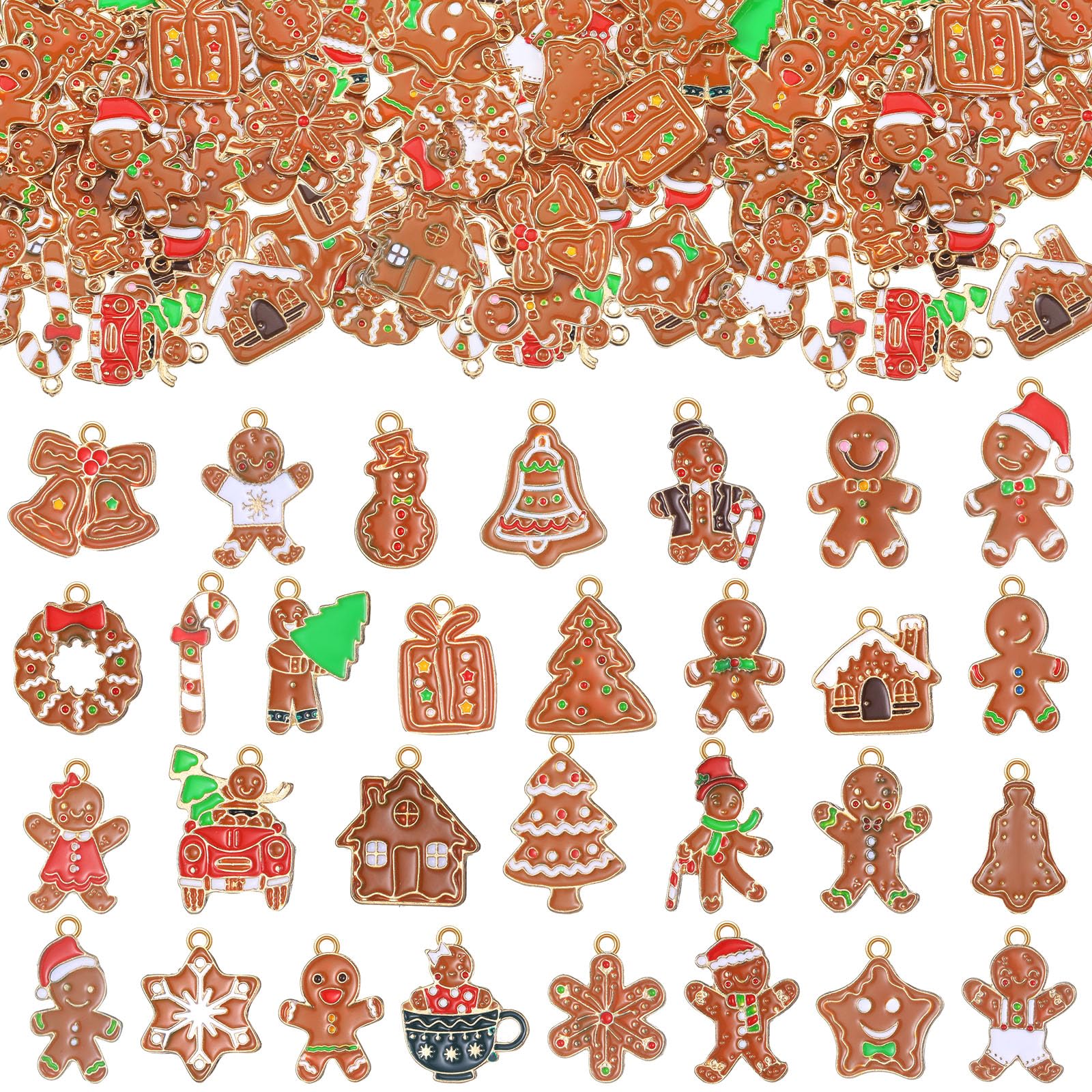 Tudomro 300 Pcs Christmas Charms for Jewelry Making Bulk Gingerbread Man Pendant Charms Enamel Gold Christmas Jewelry Metal for 