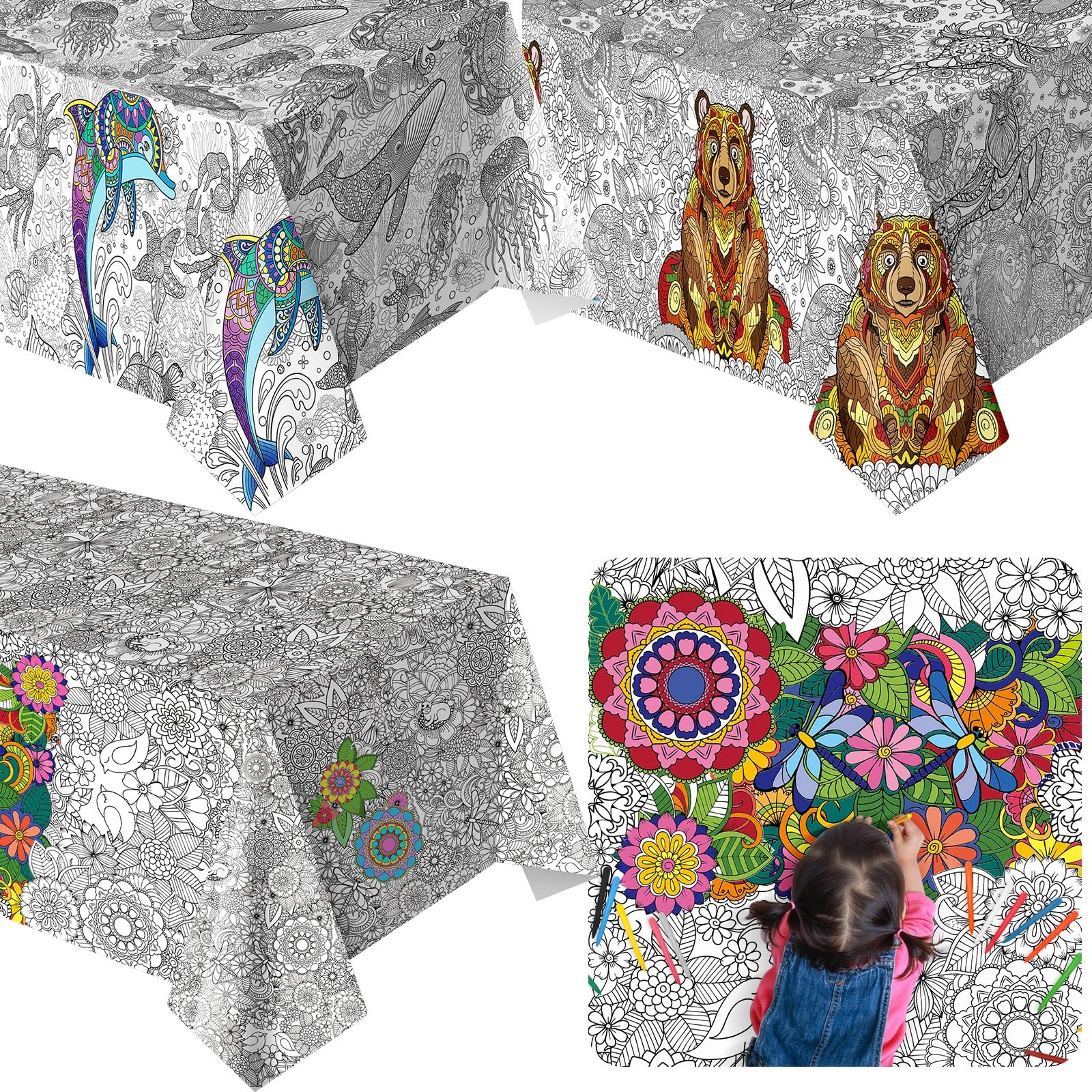 Sayglossy 3 Pcs Mandala Coloring Tablecloth 54 x 108 Inch Ocean Land Animal Drawing Poster End of The Year Gifts for Students Bu