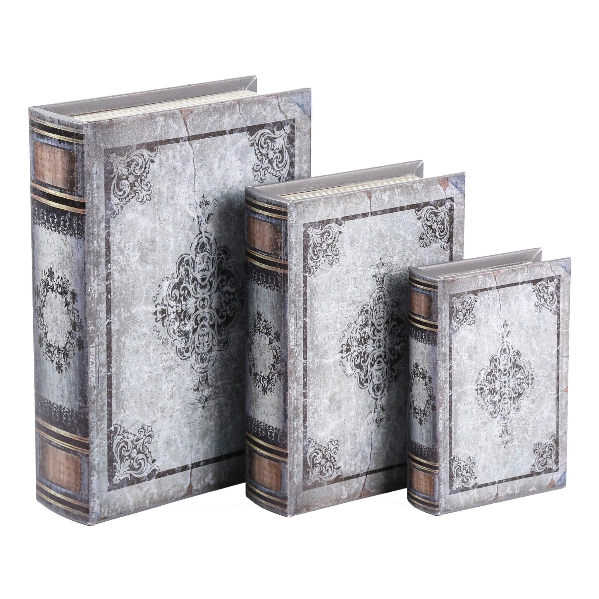 XIAOAIKA Wooden Book Box Set of 3 with Magnetic Closure and Grey Vintage Leather Cover, Non-Woven Fabric Interior, Decorative Se