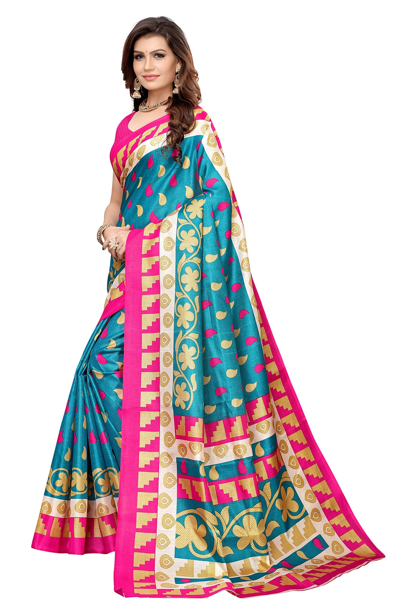 Gosriki Women'S Sky Blue Color Art Silk Printed Saree With Blouse Piece(The Shape-Skyblue_Free Size),Sky Blue,,B0821BYS4B
