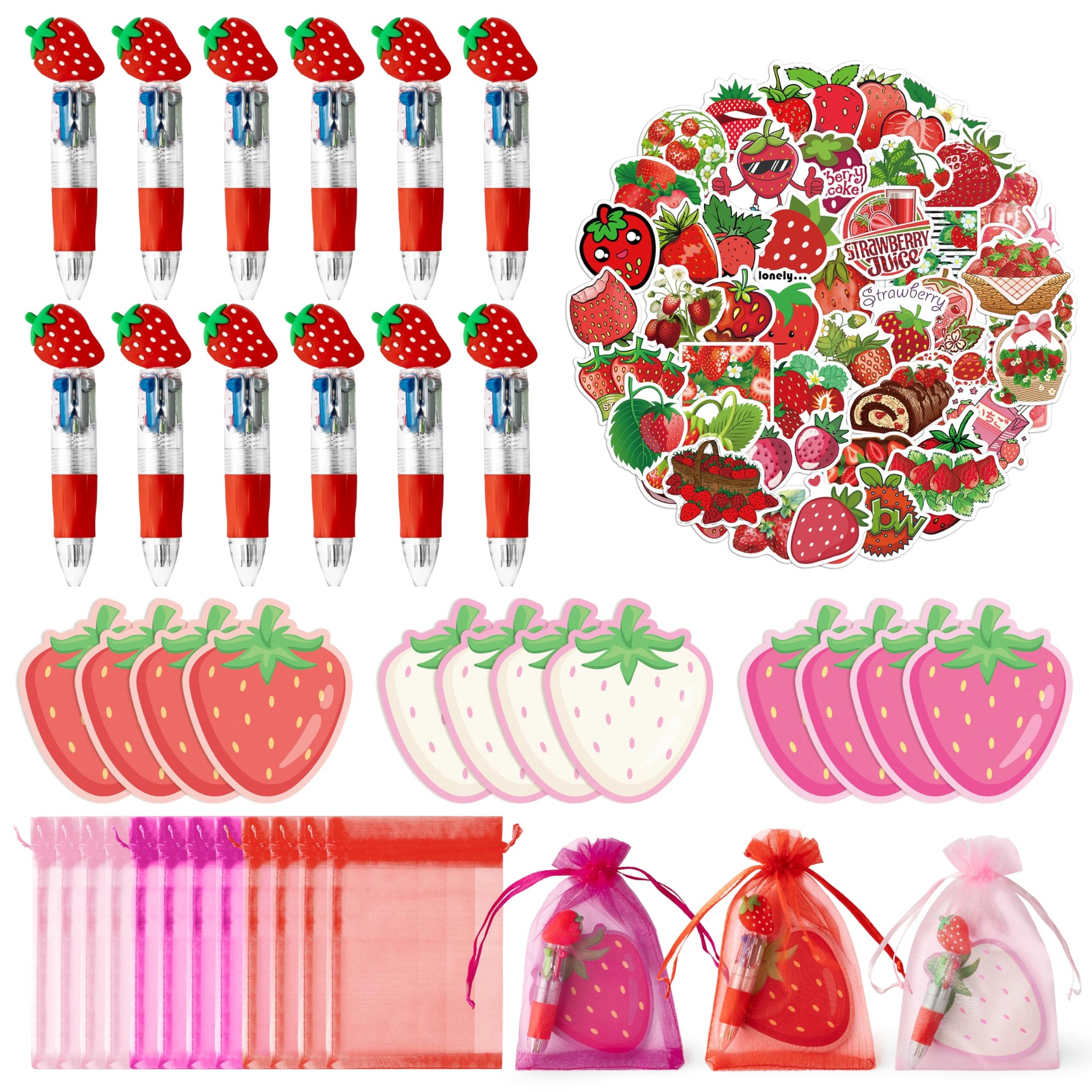 CY2SIDE Strawberry Party Stationery Set - 12 Pack Christmas Party Gifts Include 4-in-1 Ballpoint Pen Sticky Note Sticker and Org