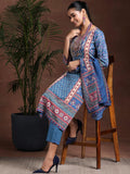 Libas Womens Printed Crepe Straight Kurta With Trousers And Dupatta Blue Xl 36960