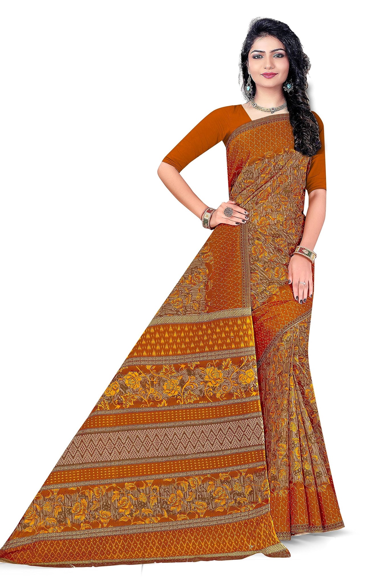 Tamaira Fashion Women'S Plain Weave Floral Print Pure Cotton Saree Without Blouse Piece(11146_Beige&Mustard)