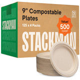100% Compostable Paper Plates 9 Inch [500 Count] Heavy-Duty Dinner Plates - Natural Brown Color Unbleached Bagasse - Eco-Friendl