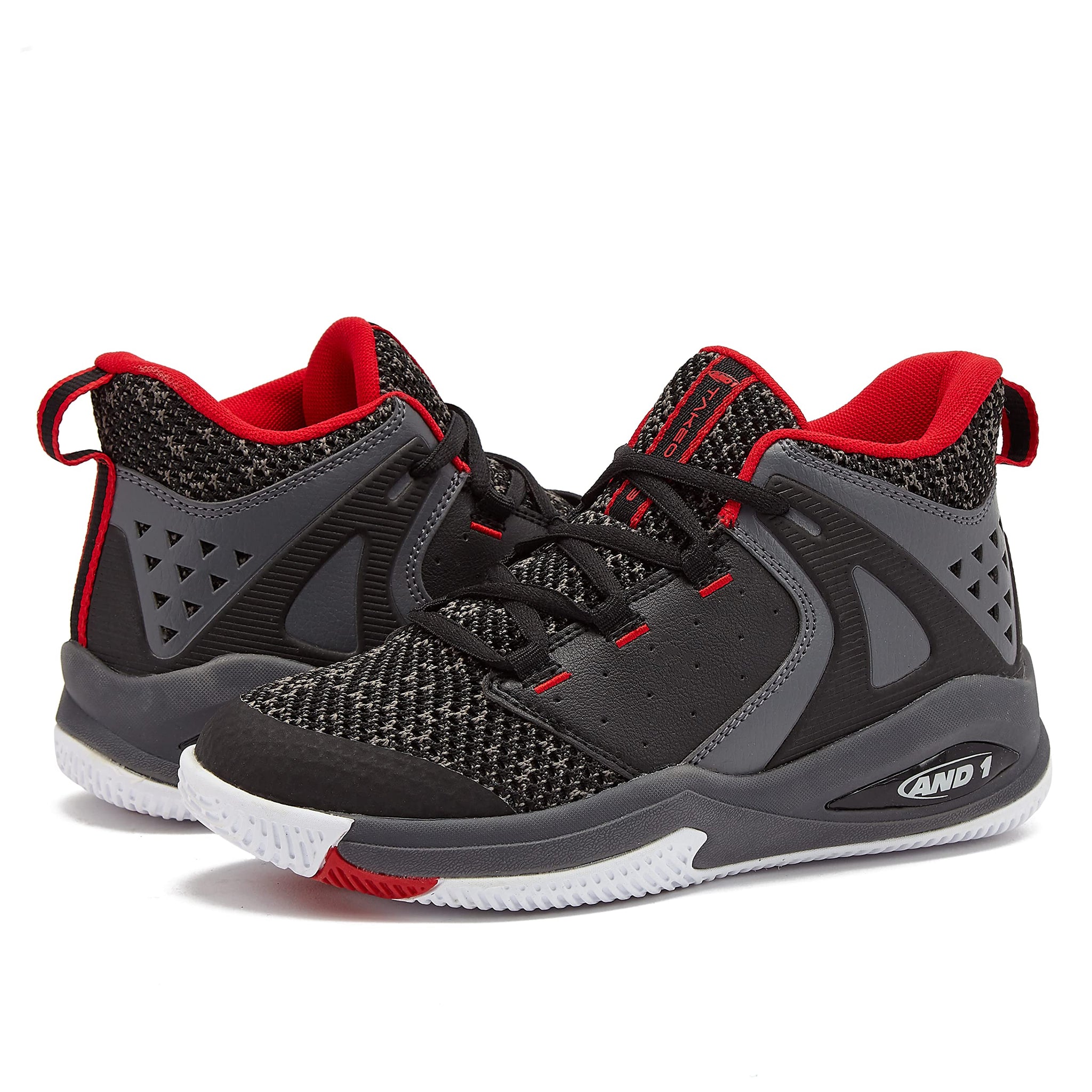 AND1 Takeoff 30 Boys Basketball Shoes, Mid Top cool court Sneakers for Kids - BlackDark greyRed, 5 Big Kid