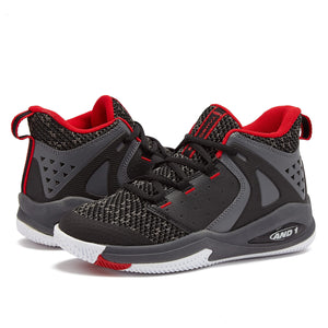 AND1 Takeoff 30 Boys Basketball Shoes, Mid Top cool court Sneakers for Kids - BlackDark greyRed, 5 Big Kid