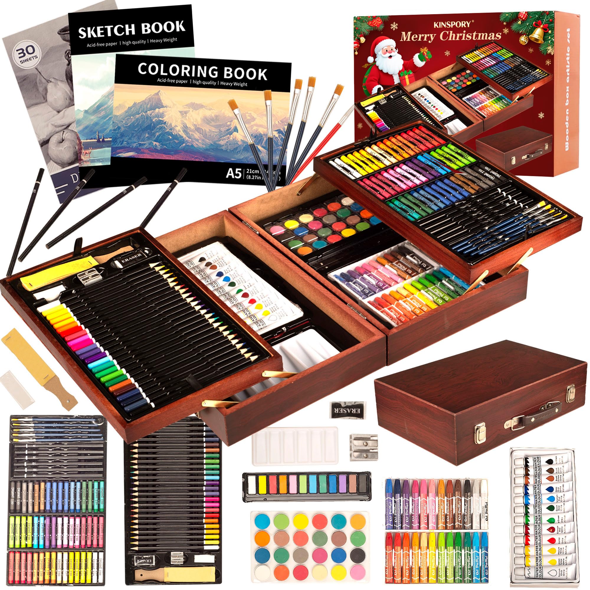 KINSPORY 168-Pack Art Supplies, Deluxe Wooden Art Set Crafts Drawing Painting Coloring Kit, Coloring Book, Sketch Pads Creative 