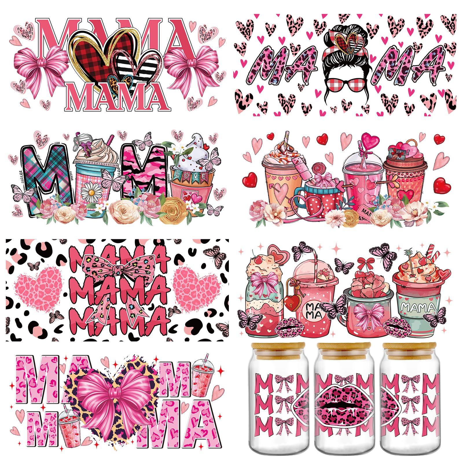 Mothers Day UV DTF Decals - 8 Sheets Mama Coffee Drinks UV DTF Cup Wraps for 16 oz Glass Coffee Mug, Mom Leopard Heart Bow Tran