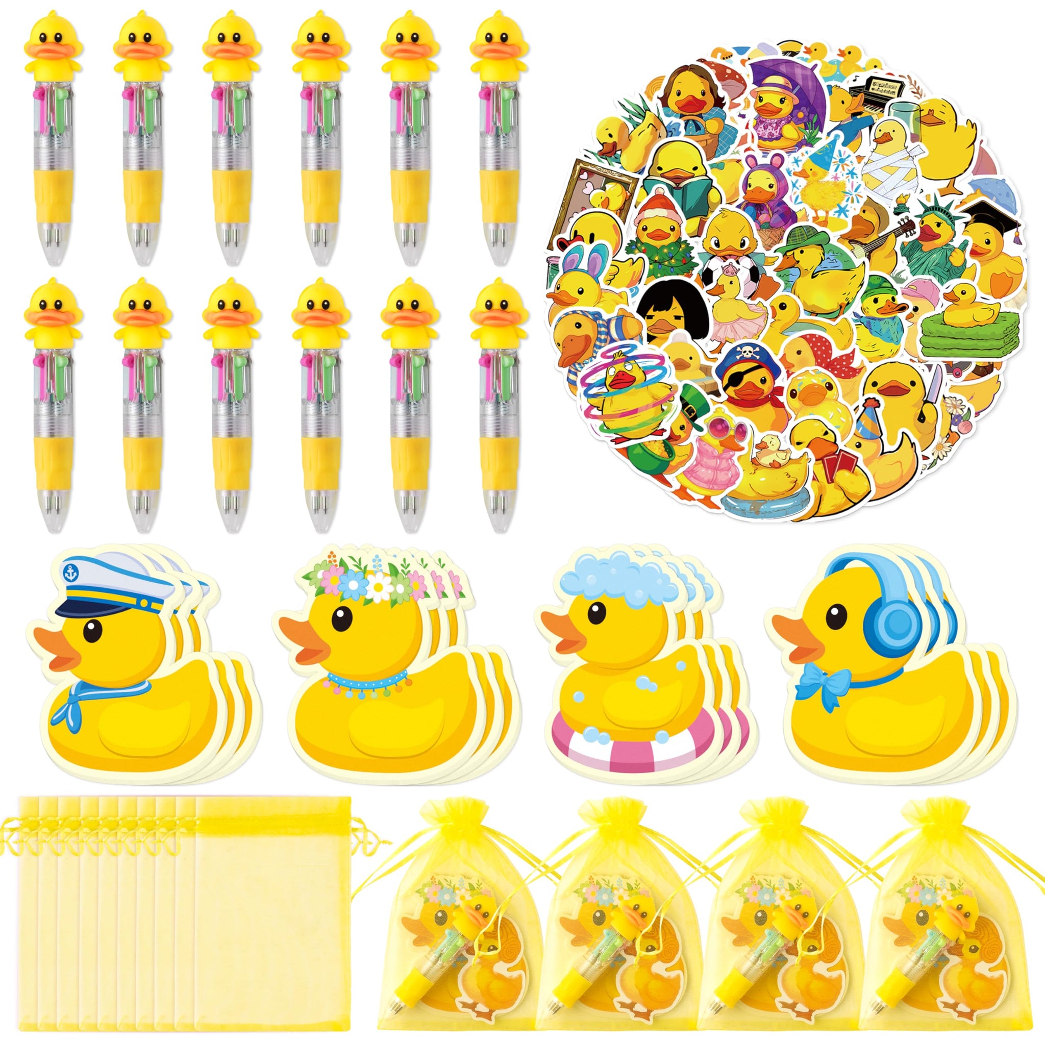 CY2SIDE Yellow Rubber Duck Stationery Gift- 12 Pack Yellow Cute Animal 4-in-1 Duck Ballpoint Pens with Sticky Notes Stickers and