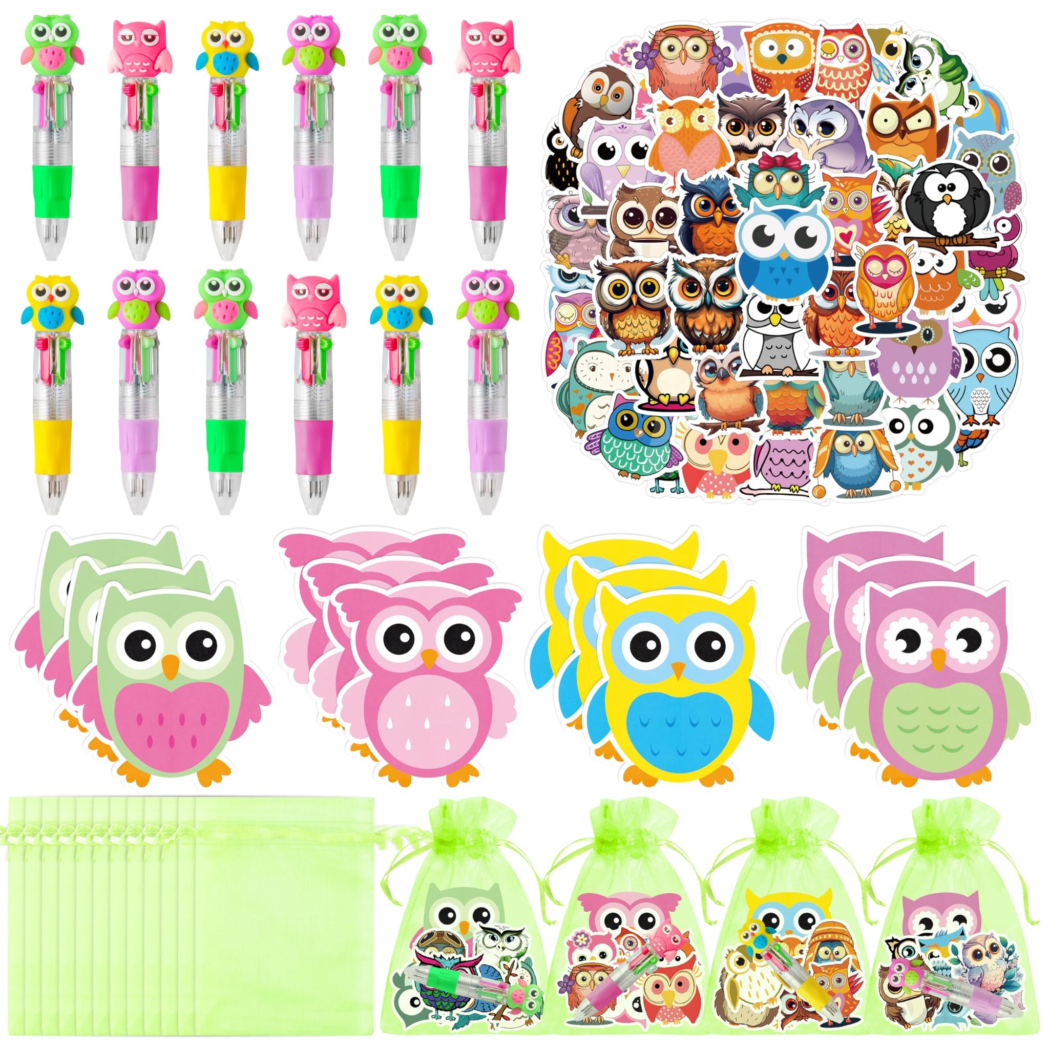 CY2SIDE Owl Stationery Party Gifts - 12 Pack Christmas Gifts Prizes Set Fun Animal 4-in-1 Ballpoint Pens Sticky Notes Stickers O