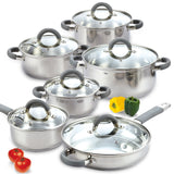 Cook N Home Kitchen Cookware Set, 12-Piece Basics Stainless Steel Pots and Pans Set with Grey Silicone Handle, Silver