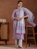 Libas Womens Printed Cotton Straight Kurta With Trousers And Dupatta Purple Xl 36909