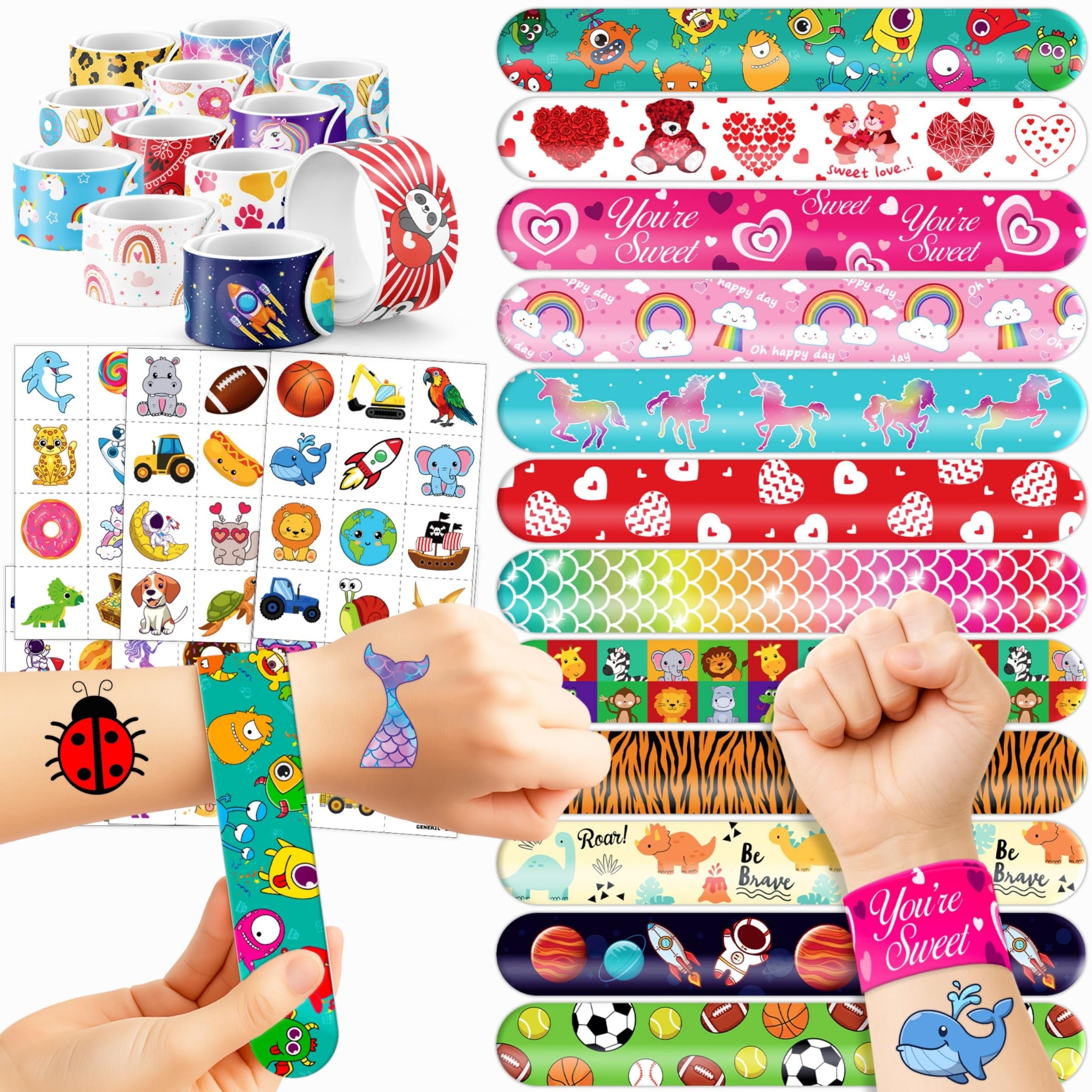 144PCS Party Favor Classroom Prizes For Kids - 72 Temporary Pre-Cut Tattoos & 72 Slap Bracelets - Fun Party Favors for Boys & Gi
