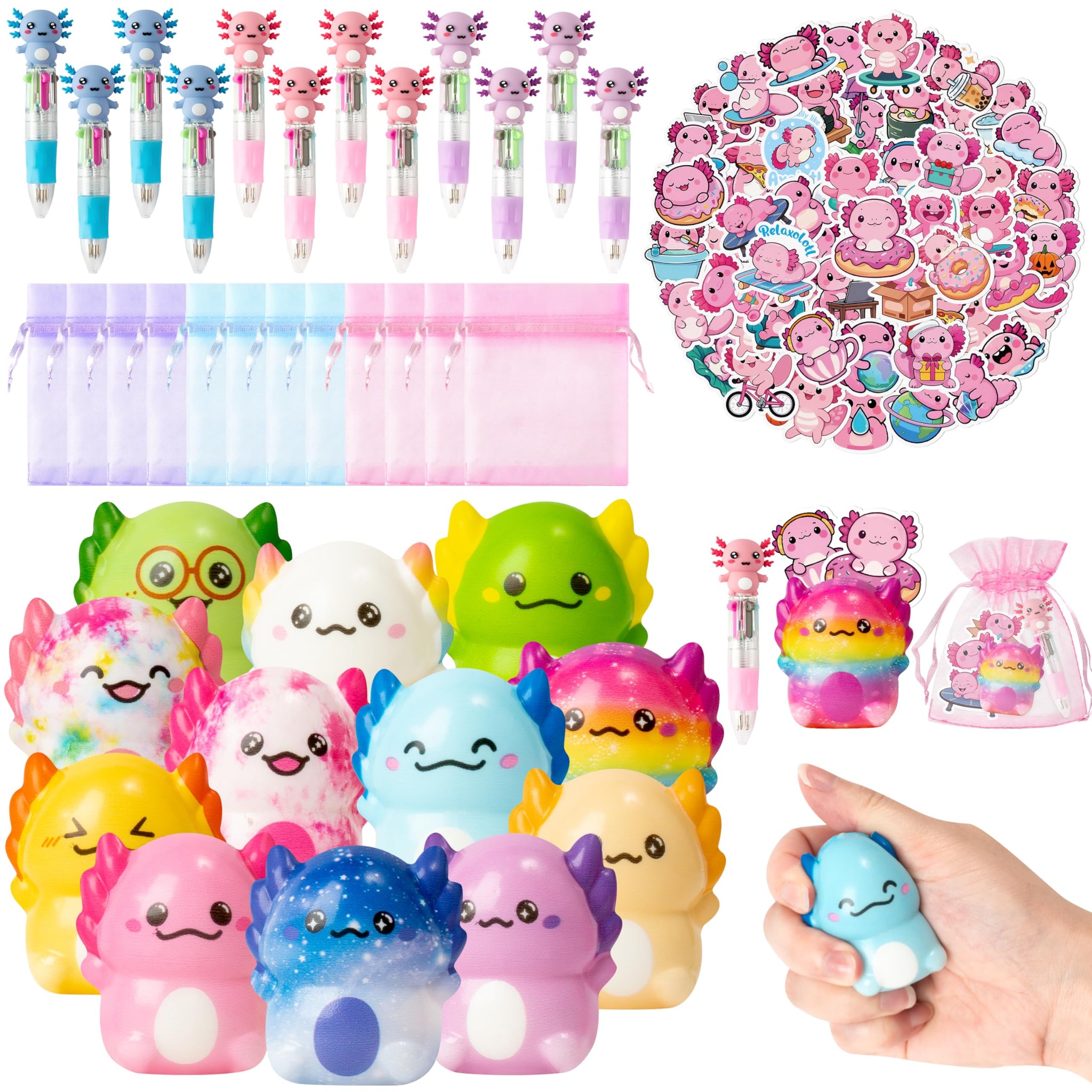 CY2SIDE 12 Pack Axolotl Squeeze Toys Party Favor Gift Set, Included Random Slow Rising Squishy Toys 4-in-1 Ballpoint Pen Cute St