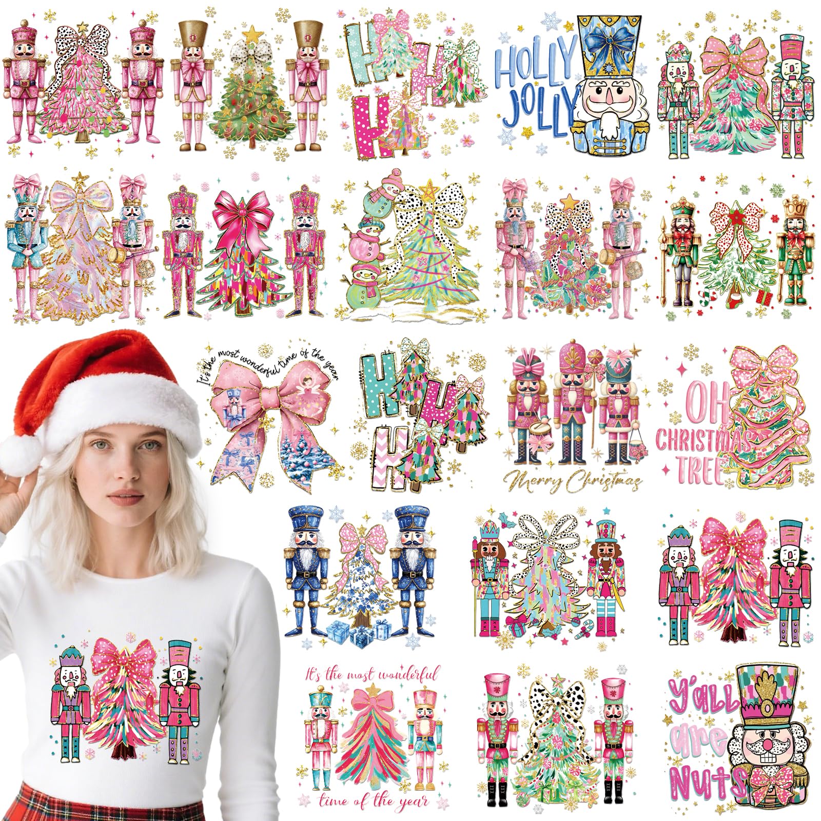 Dazoratix Christmas Iron on Transfers - 20 Sheets Cute Colorful Glitter Nutcrackers DTF Ready to Press Coquettee Pink Bow Tree X