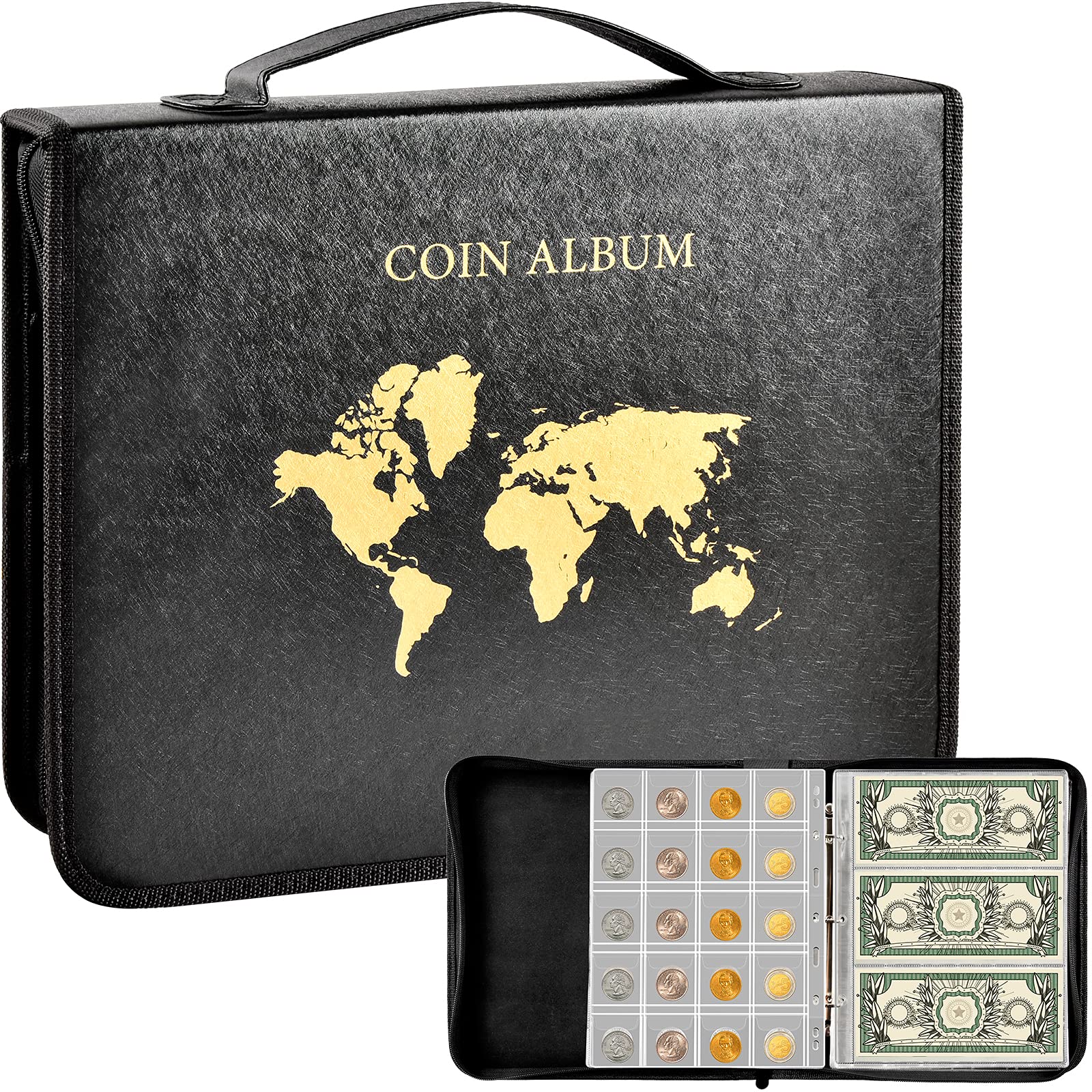 Coin Collection Book Holder For Collectors, 200 Pockets Coins Collecting Album & 30 Sleeves Paper Money Display Storage Case For