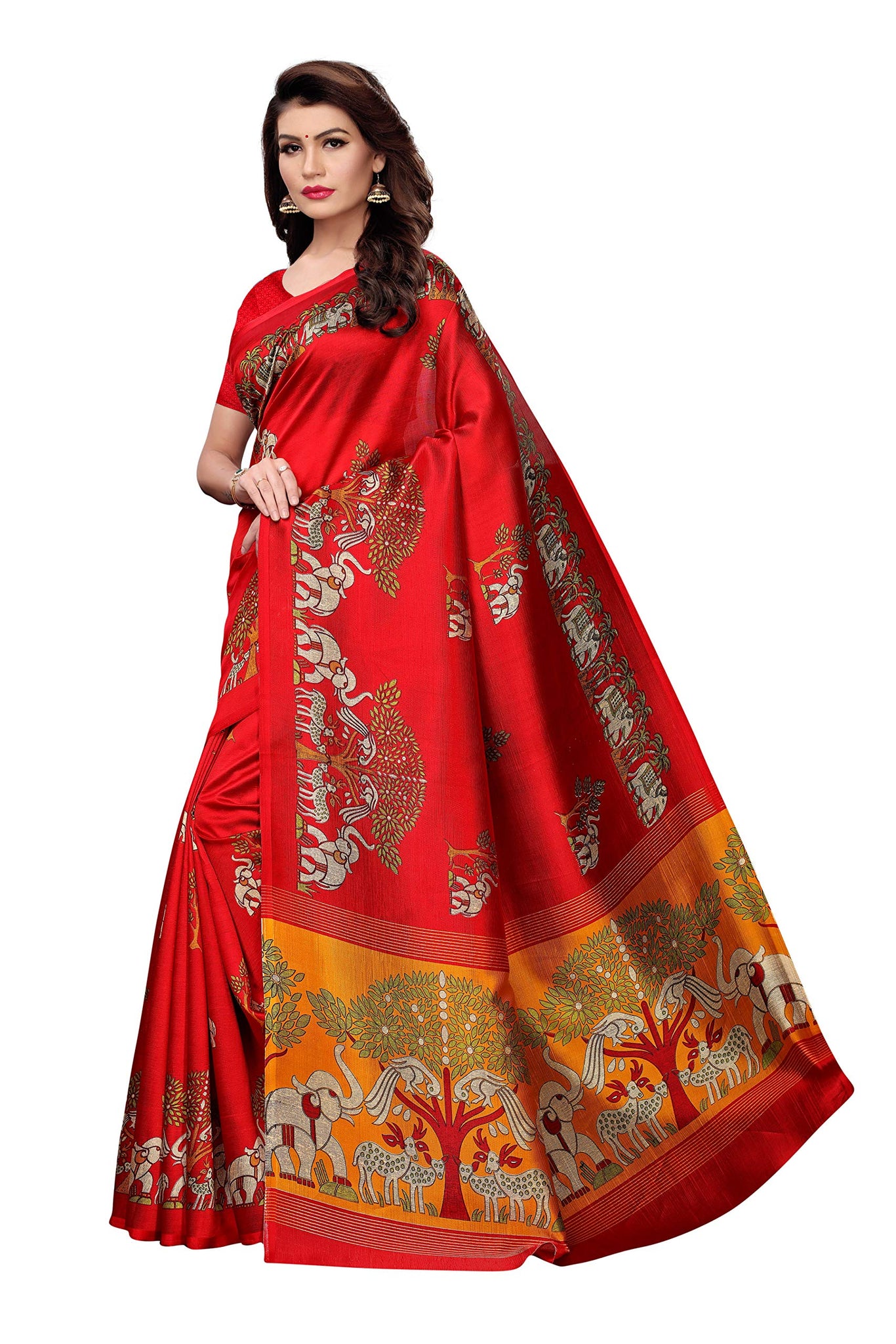 Anni Designer Women'S Red Color Kalamkari Silk Printed Saree With Blouse Piece(Jungal-Elephant-Red_Free Size),Red,Free Size,Kalamkari Silk,ready to wear,Saree