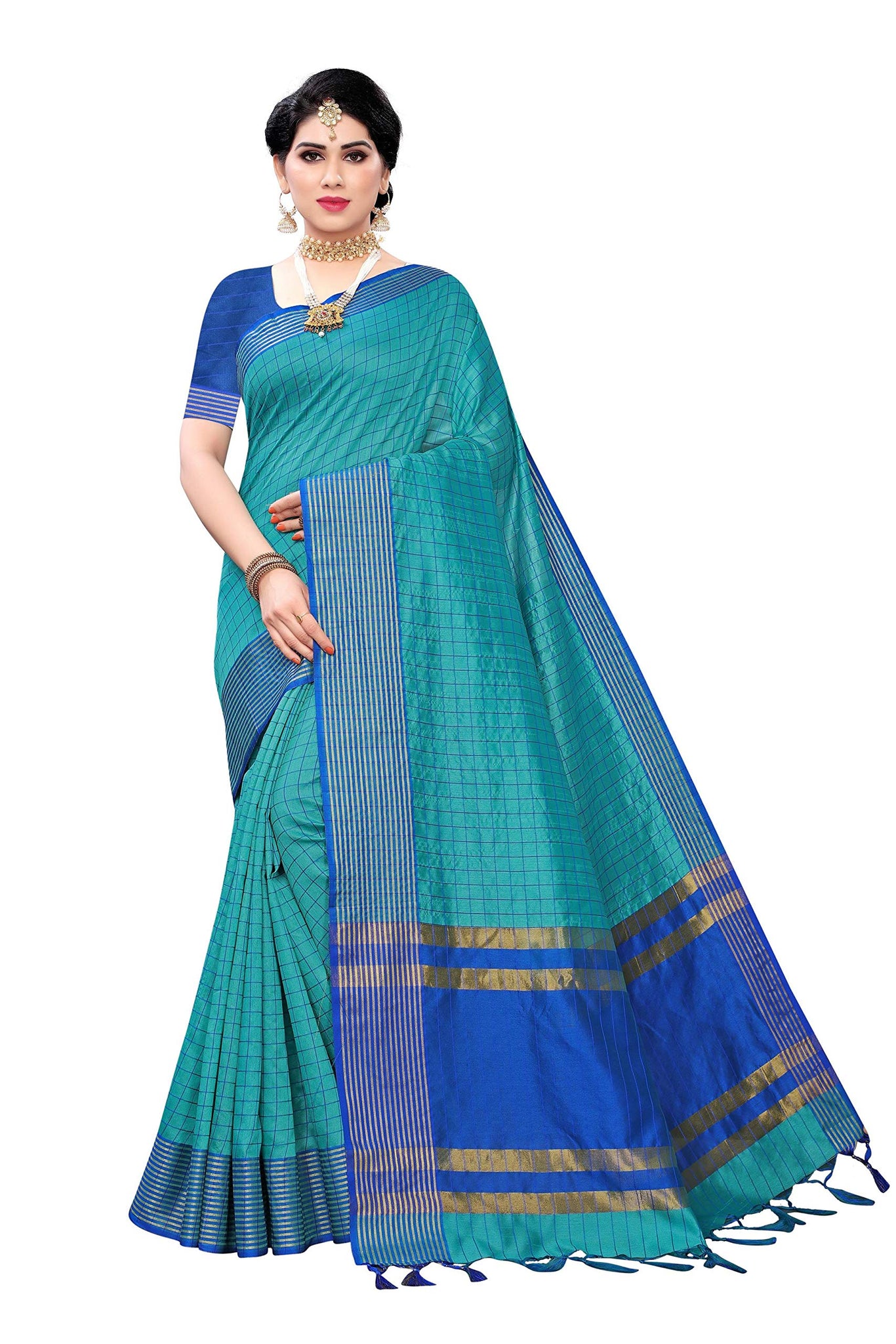 Gosriki Women'S Rama Cotton Silk Printed Saree With Blouse Piece (Manipuri Rama_Free Size),Rama,,B08HGNBC26
