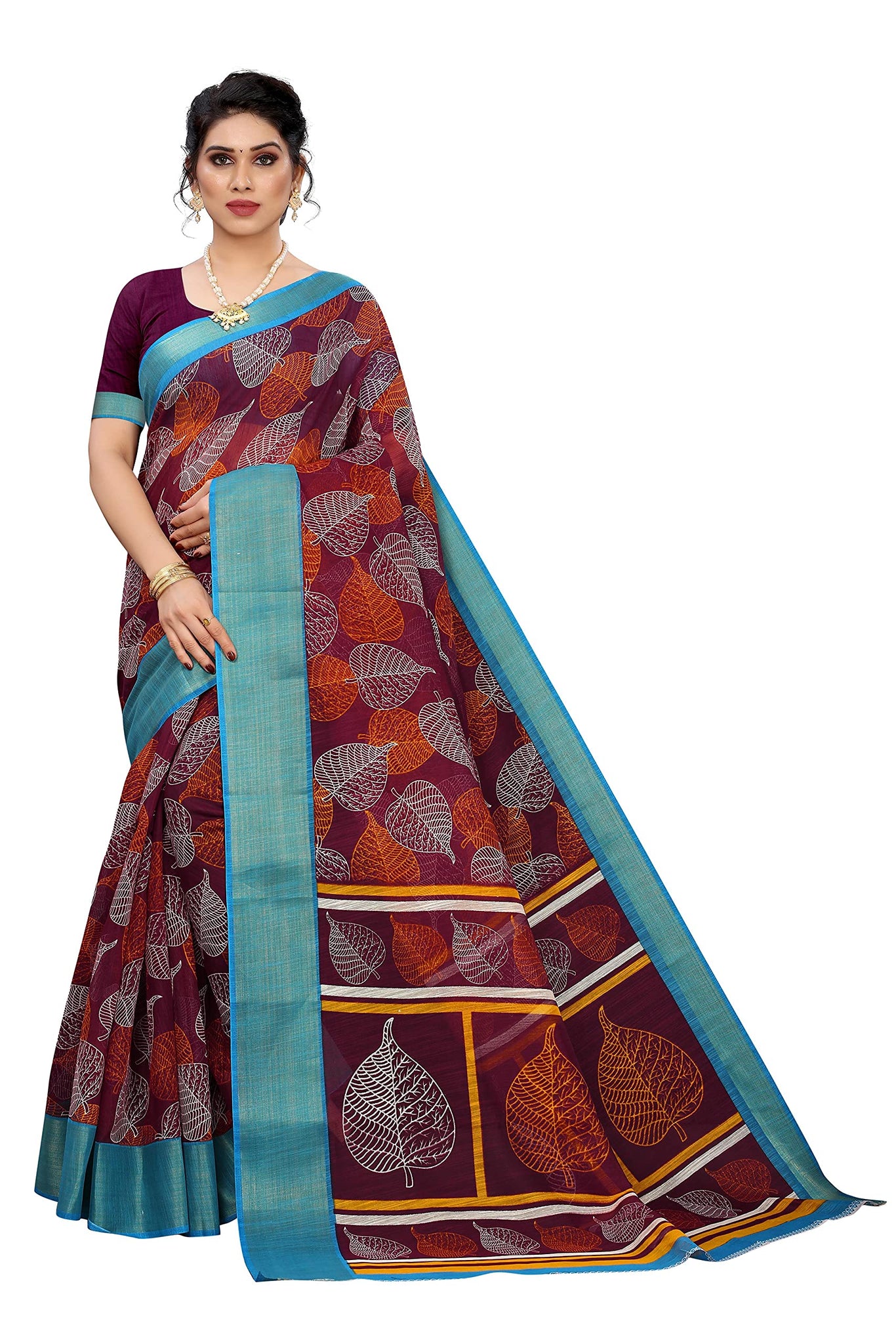 Gosriki Women'S Linen Cotton Floral Printed Saree With Blouse Piece (Pan Purple_Purple),Purple,,B097ZR49B4