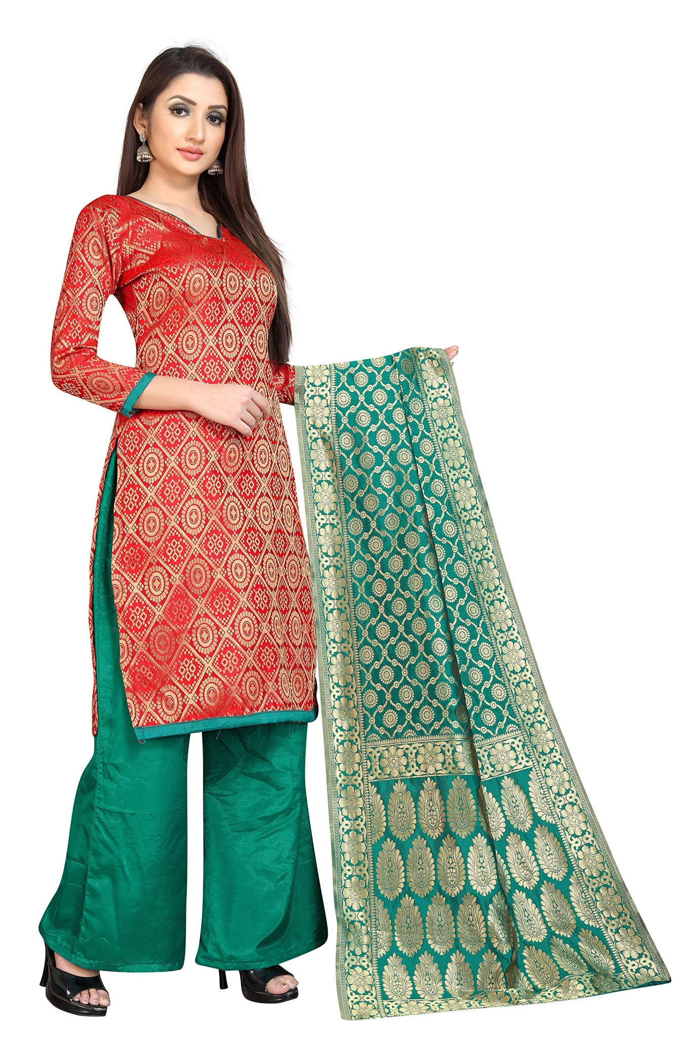Anni Designer Women'S Red Color Banarasi Embellished Unstitched Salwer Suit (Zeenat Red_Free Size),Red,free,Silk Blend,Regular,