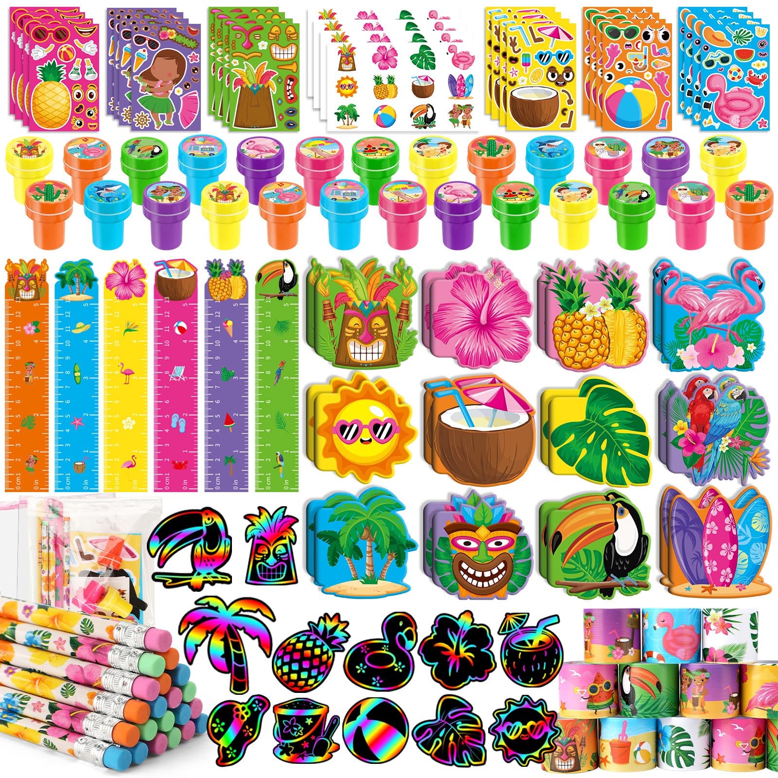 BenLouis 108Pcs Hawaiian Luau Party Favors Aloha Summer Tropical Tiki Theme School Stationery Set Bulk for Kids Beach Pool Birth