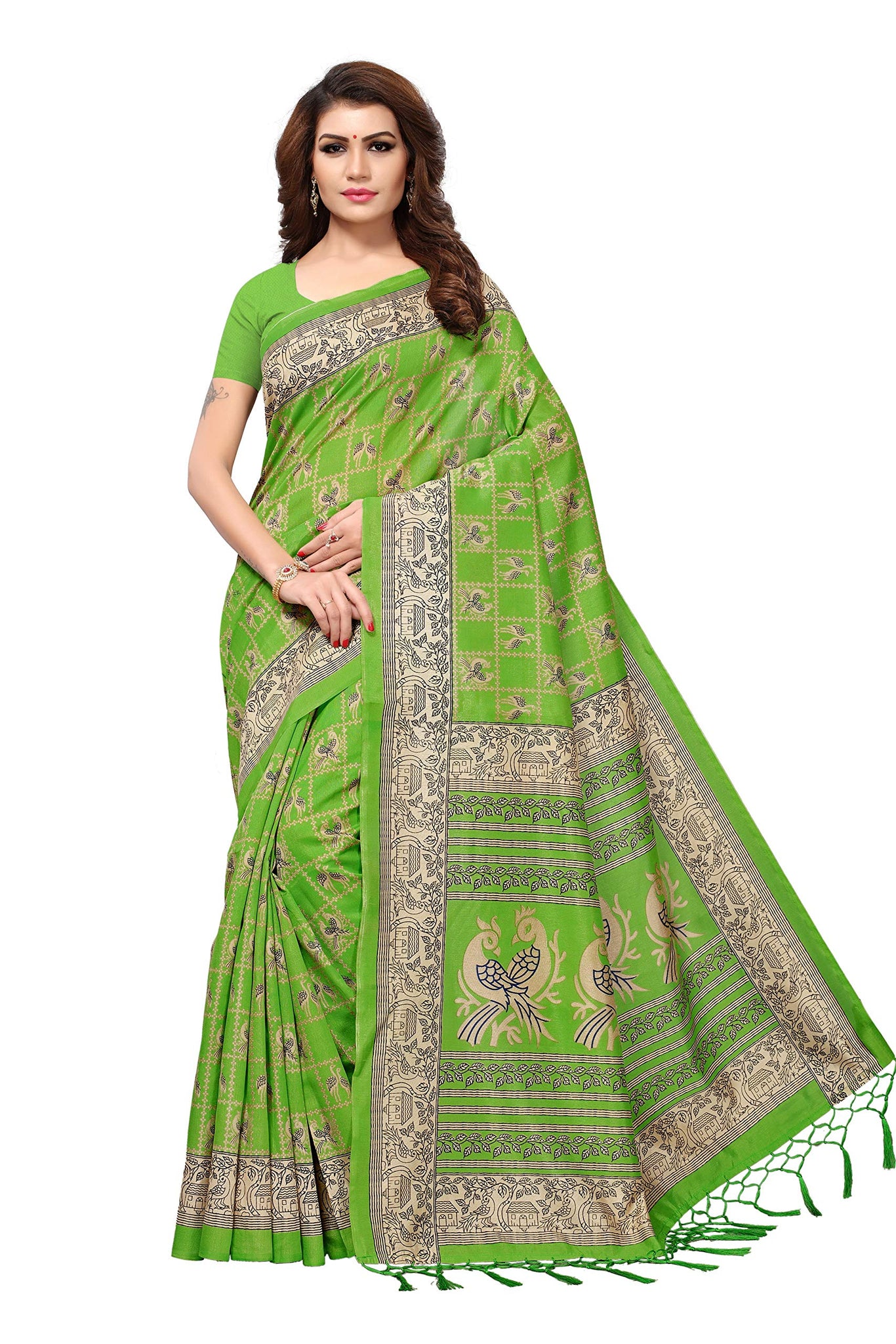 Anni Designer Women'S Mysore Silk Tassels Border Bird Printed Saree With Blouse,Parrot Green,FS