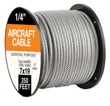 Xpose Safety 7 x 19 Galvanized Steel Aircraft Cable Wire - 1/4 - 250' Reel - 7,000 lb Break Strength Rope for Pulley System or W