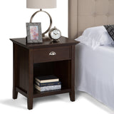 Simplihome Acadian 24 Inches Wide Night Stand, Bedside Table, Brunette Brown Solid Wood, Rectangle, With Storage, 1 Drawer And 1