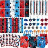 84pcs Spider Party Favors with Pens Notepads Paper Gift Bags Spider Web Key Chains Slap Bracelet Sticker Red Black Spider Themed