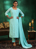 Libas Womens Embroidered Silk Blend Straight Kurta With Palazzos And Dupatta Blue L