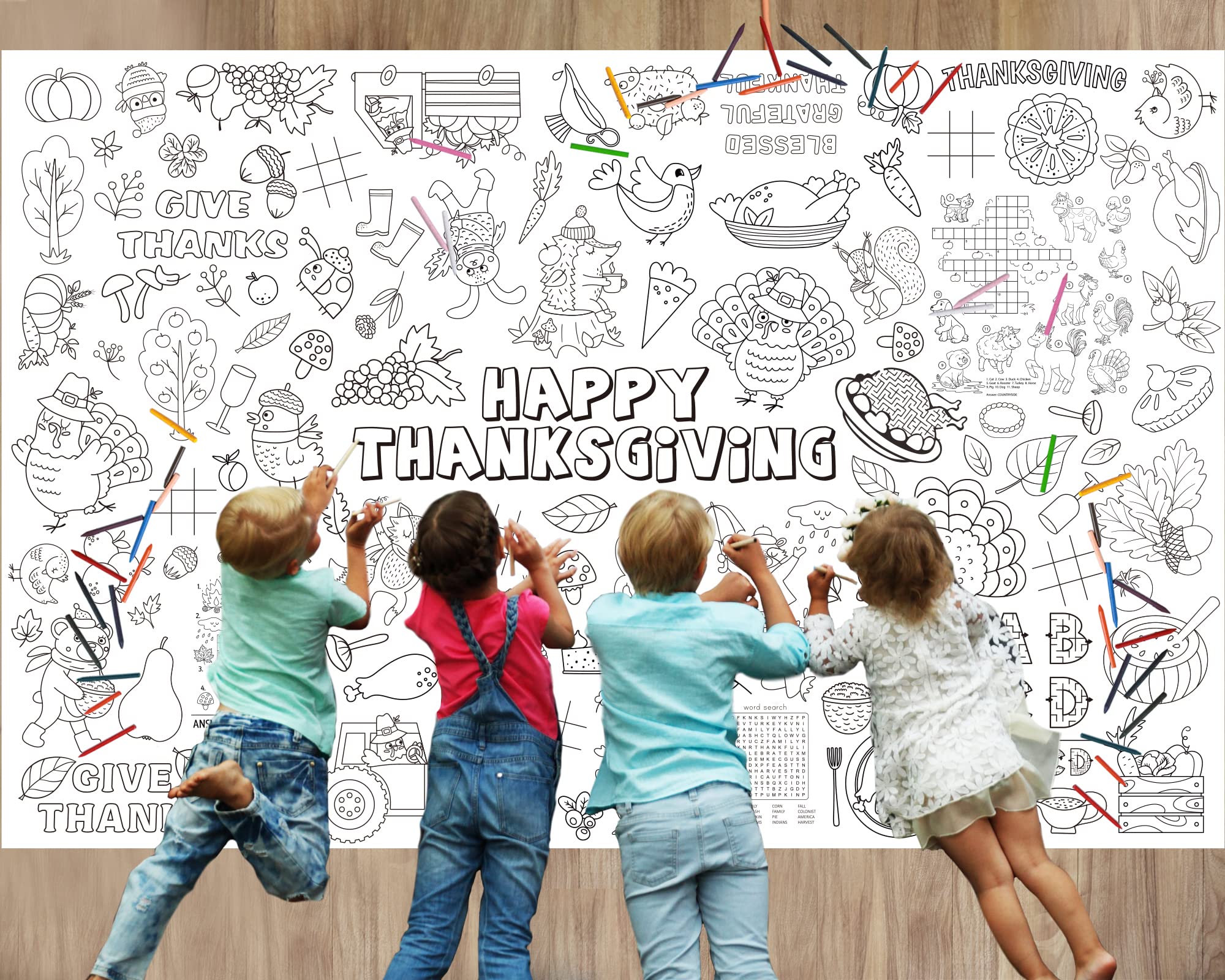 Giant Thanksgiving Coloring Tablecloth Decoration, 82  x 54Washable Posters Fabric Color-in Table Covers Crafts for Kids, R