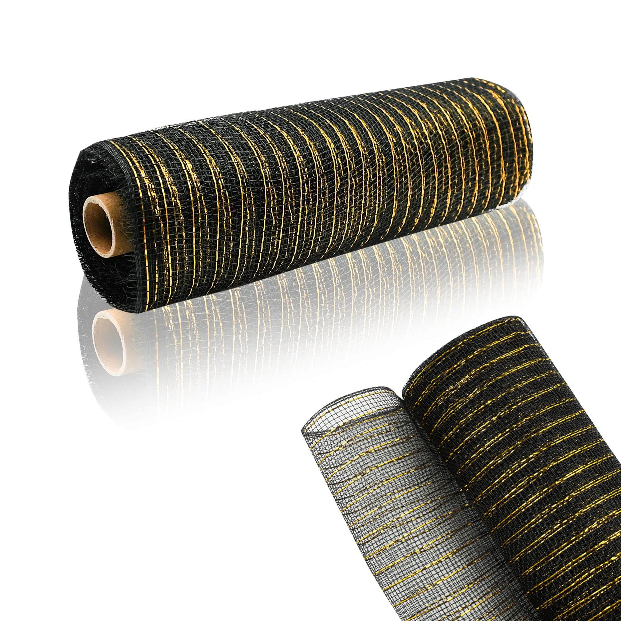 GouZaak 2 Rolls Black and Gold Deco Mesh Ribbon Party Decorations 10 in x 30 ft,Metallic Poly Mesh Ribbon Rolls for DIY Bee Day 