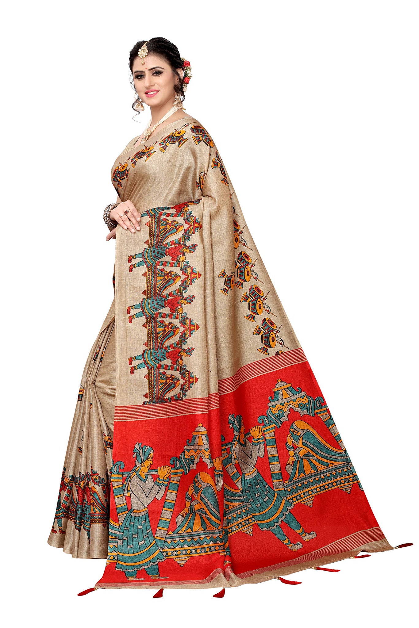 Gosriki Women'S Chiku Color Khadi Silk Printed Saree Border Tassels With Blouse Piece(Marriage Doli-Chiku-Latkan_Free Size),Chiku,,B07SHGYQCQ