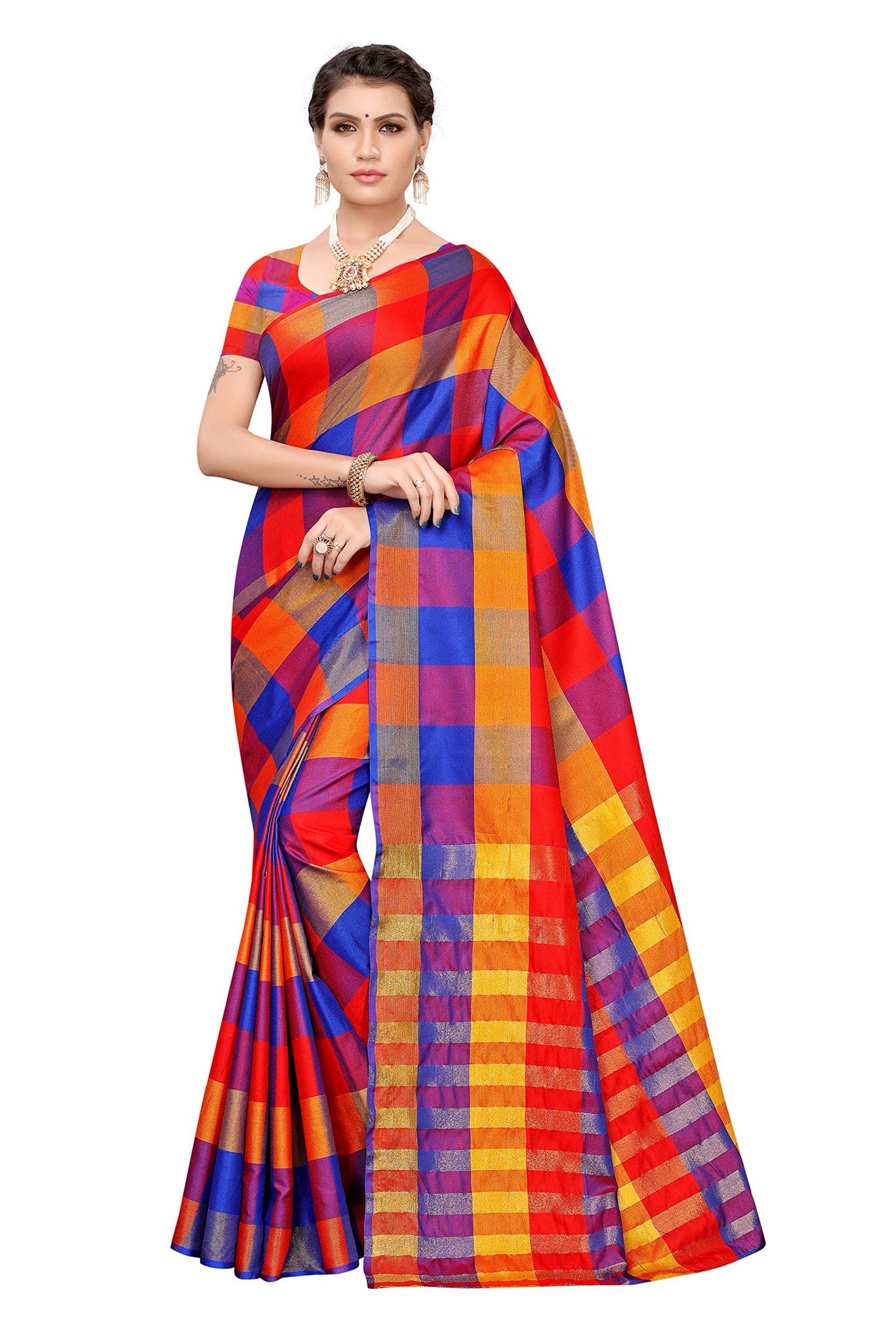 Anni Designer Women'S Multicolor Cotton Blend Checks Print Saree With Blouse Piece(Stuti 03_Free Size),Multicolour,Free