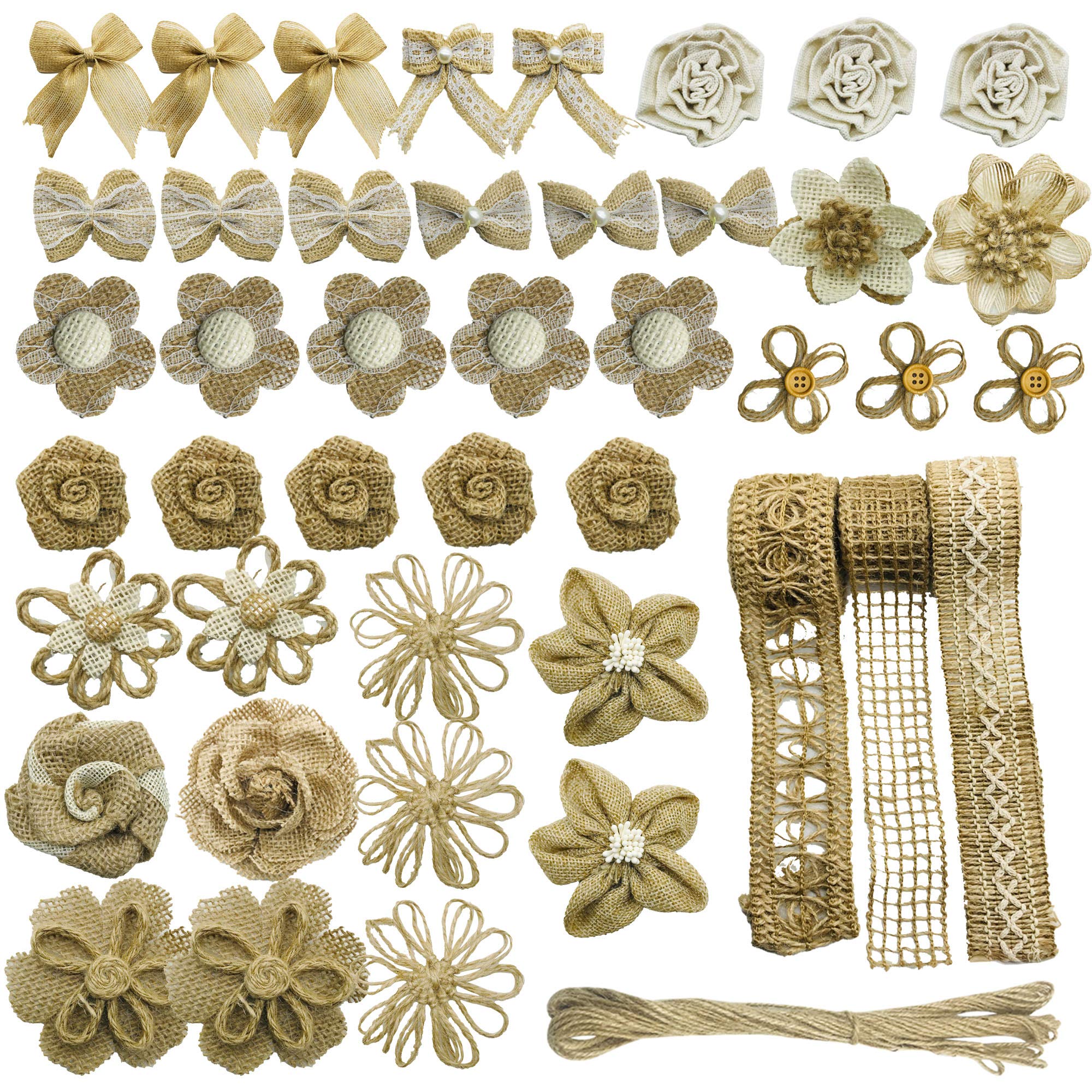 Allazone 46 PCS Natural Burlap Flowers Set, 3 Rolls Lace Burlap Ribbon and 40 PCS Handmade Burlap Rose Flowers, Twine Ribbon and