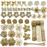 Allazone 46 PCS Natural Burlap Flowers Set, 3 Rolls Lace Burlap Ribbon and 40 PCS Handmade Burlap Rose Flowers, Twine Ribbon and