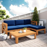 Merax Patio Furniture Sets 5 Pieces, Solid Wood Sectional Sofa Seating Group with Soft Cushions, for Backyard and Garden, Blue