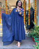 Gosriki Women'S Rayon Viscose Anarkali Printed Kurta With Pant & Dupatta (Jisma Blue-Gs_S_Blue_Small),Blue,,B0DX26TXJC