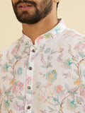 Manyavar Blended Cotton Men'S Floral Print Kurta (Cream,L)