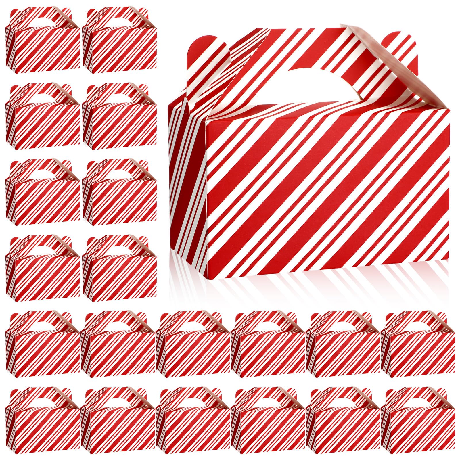 Cholemy 50 Pcs Christmas Treat Boxes with Handle Red and White Design Boxes Christmas Cookie Candy Boxes Xmas Party Paper Gift W