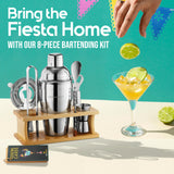Mixology Bartender Kit - 8-Piece Cocktail Shaker Set with Wood Stand, Recipe Cards, and Bar Accessories Ideas (Silver)