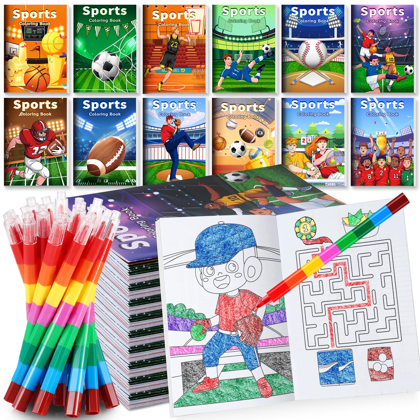 BenLouis 12 Sports Mini Coloring Books Kids with 12 Stacking Crayons Sports Themed Party Favors Small Activity Books Bulk for Ki